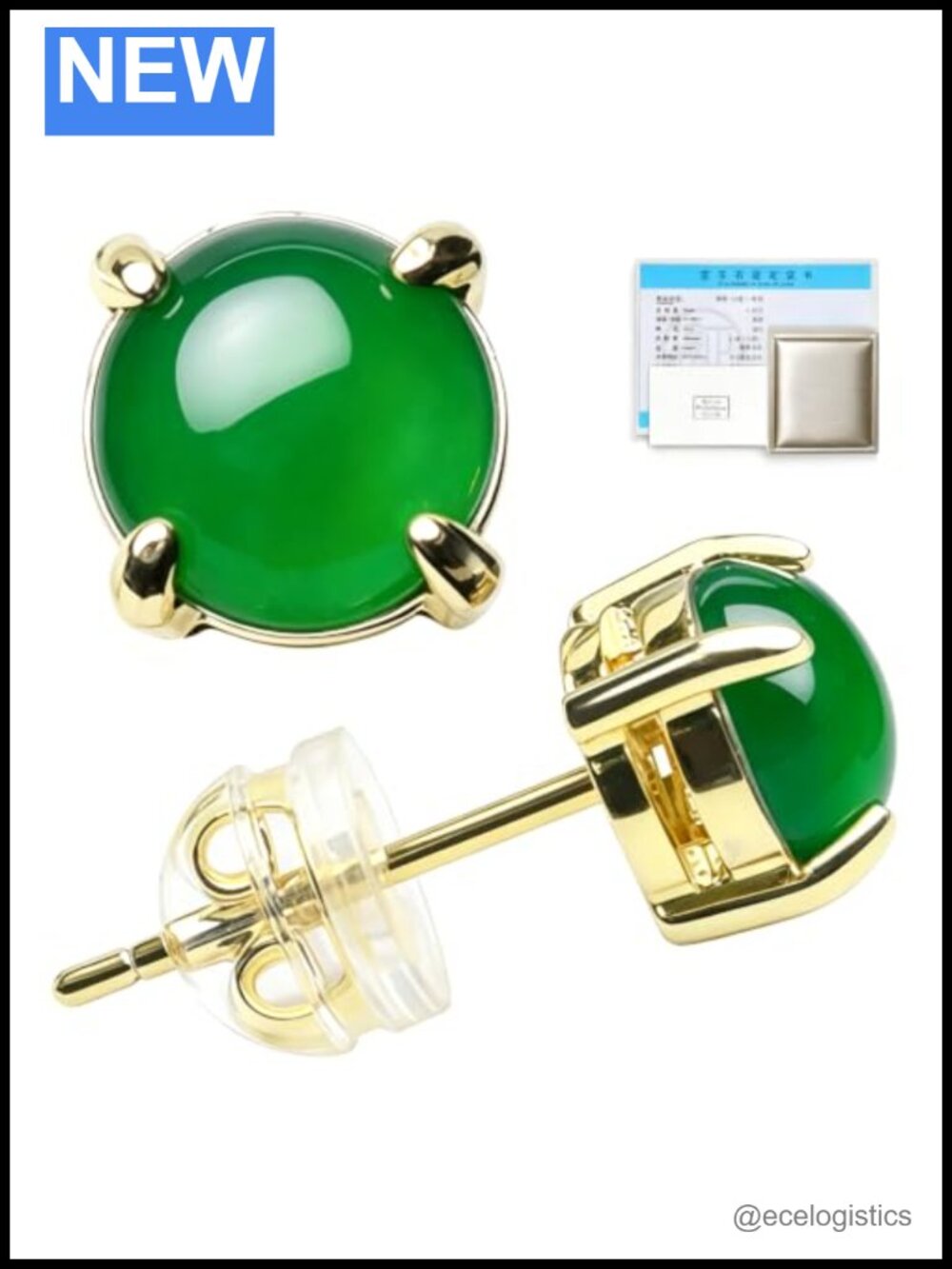 Genuine Jade Stud Earrings 18K Gold Plated S925 Silver 6mm